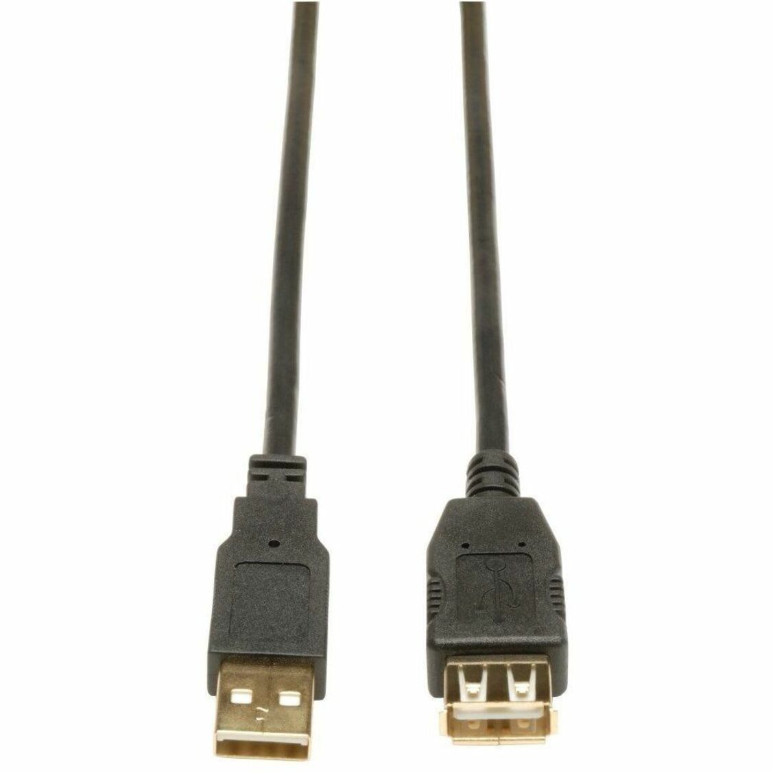 Close-up view of gold-plated USB Type A male and female connectors on Tripp Lite USB 2.0 extension cable-alternate-image1