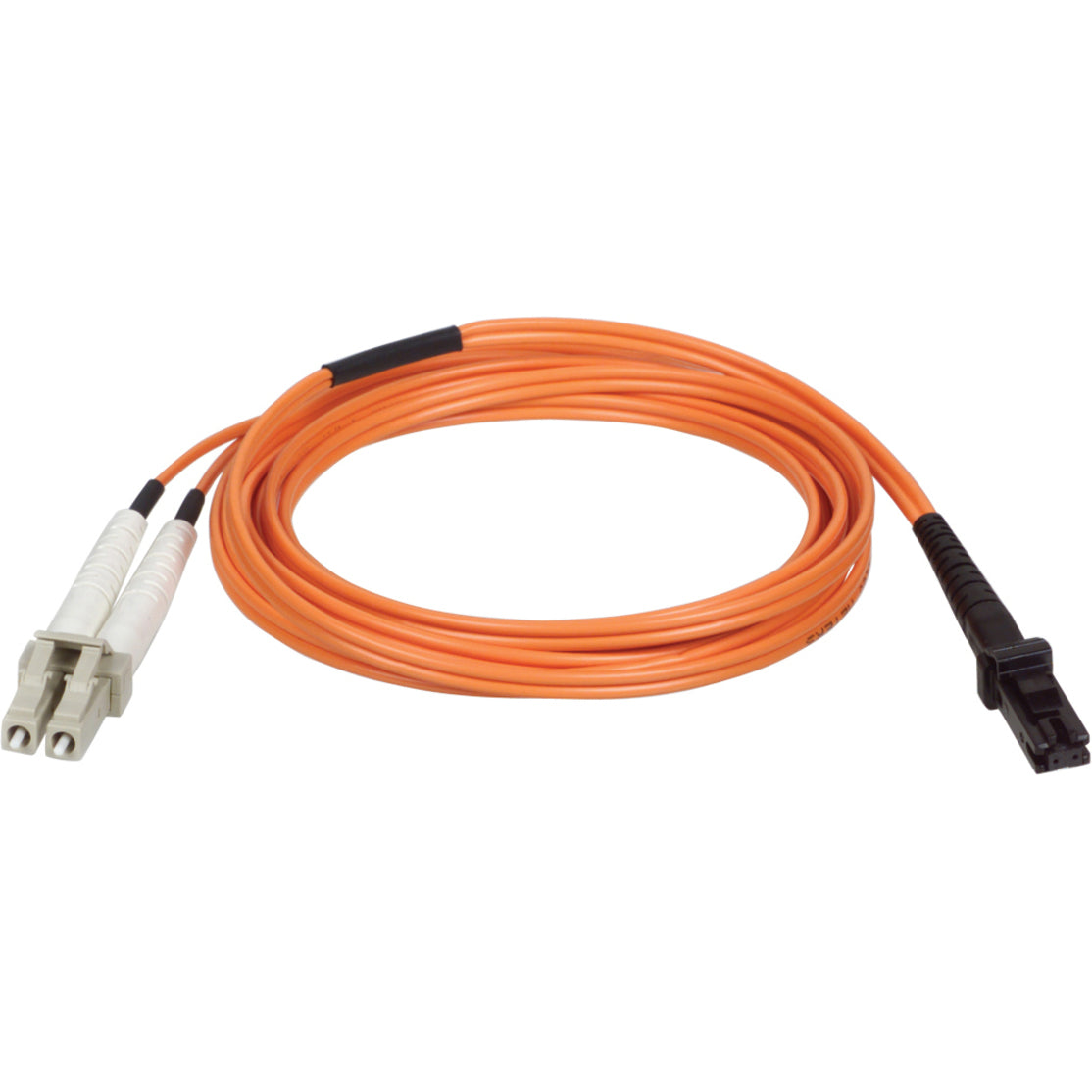 2-meter orange multimode fiber optic patch cable with MTRJ connector on one end and dual LC connectors on the other end-alternate-image1