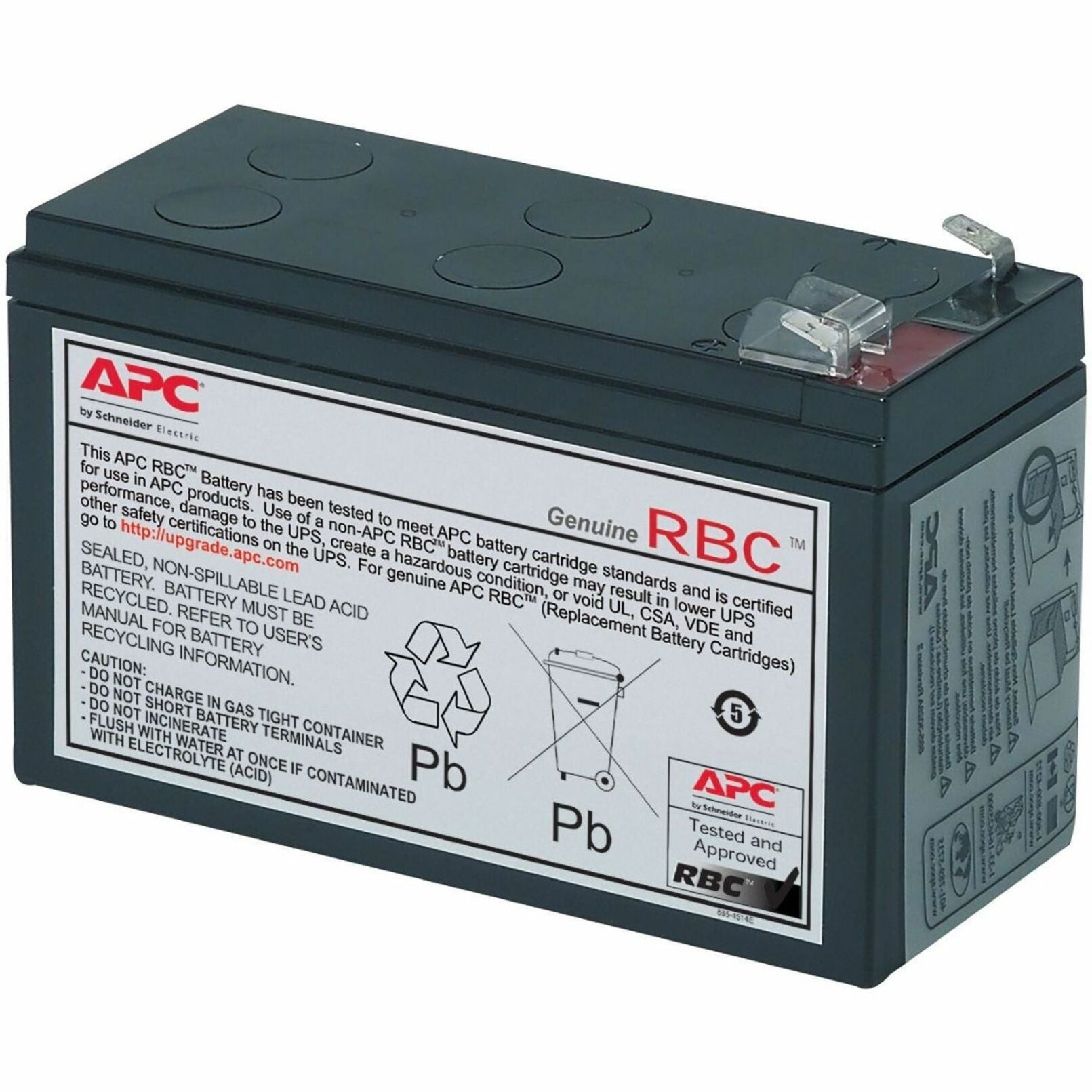 APC RBC2 replacement battery cartridge showing product label with safety information and recycling symbols-alternate-image1