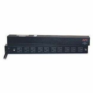 Front view of APC Basic Rack PDU AP9560 showing 10 NEMA outlets in horizontal configuration