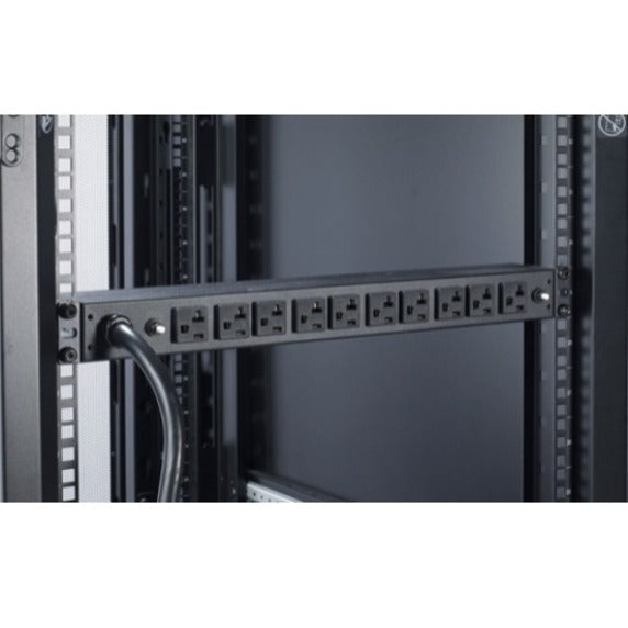 Close-up view of APC PDU's horizontal outlet configuration in rack mount