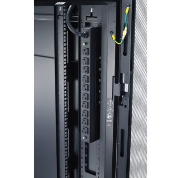 Vertical mounting view of APC PDU in NetShelter rack with cable management features