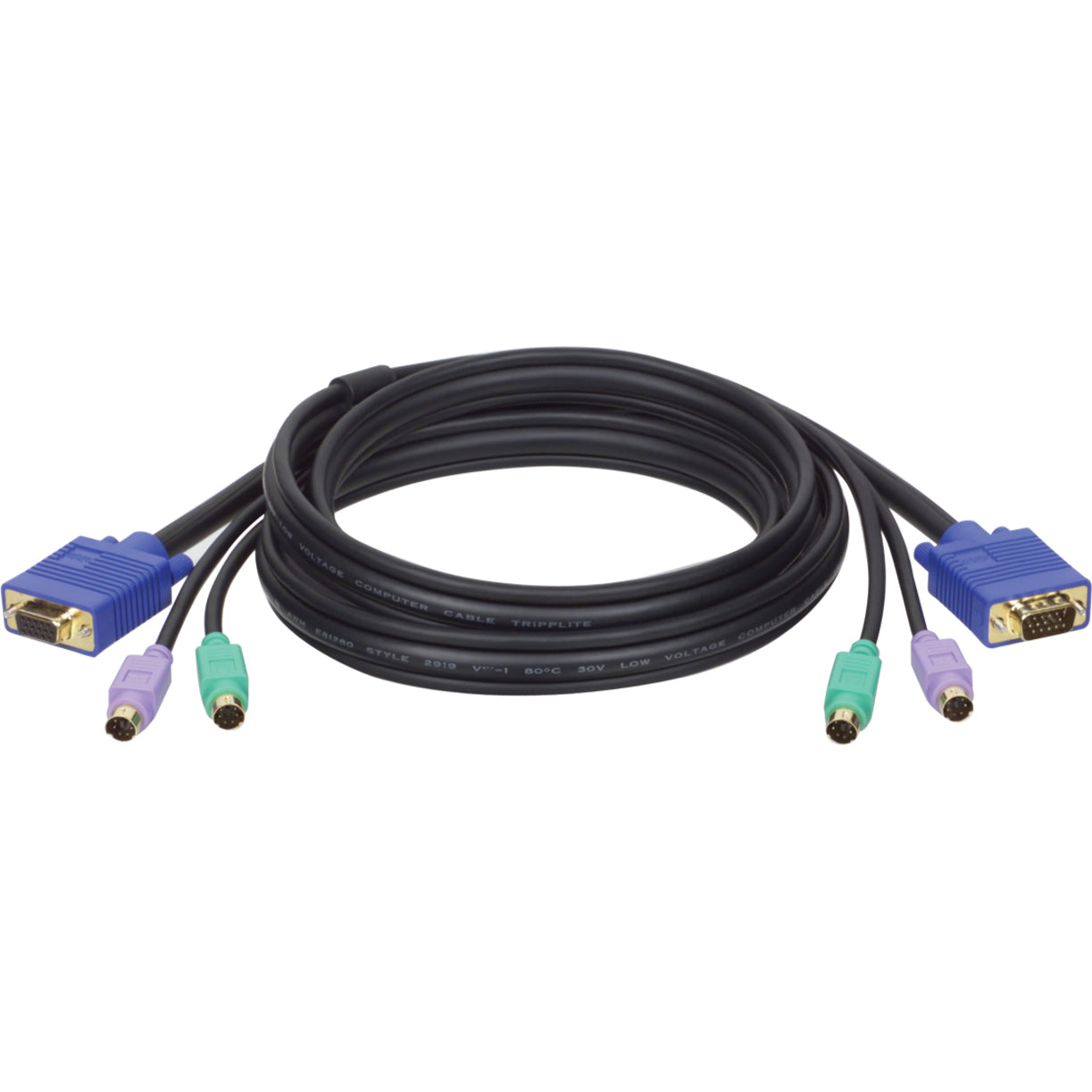 10-foot black KVM cable with blue VGA connectors and purple/green PS/2 connectors for keyboard and mouse connectivity-alternate-image1