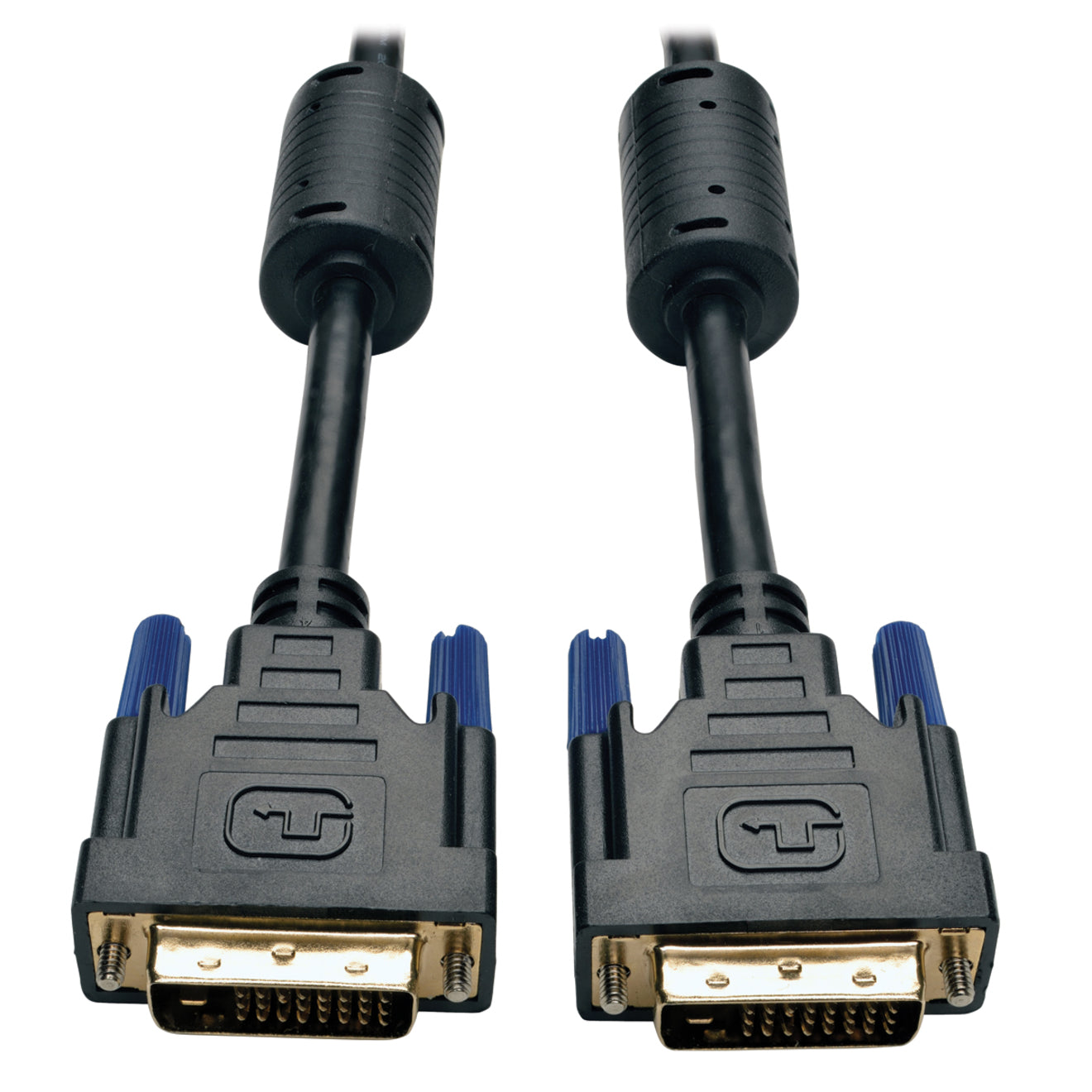 Close-up view of two DVI-D male connectors with gold-plated contacts and blue thumbscrews on Tripp Lite 50ft dual link cable-alternate-image1