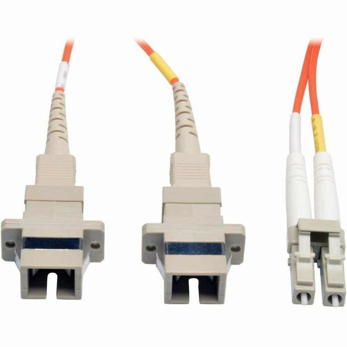 Close-up view of Tripp Lite N458-001-50 fiber optic adapter showing detailed SC and LC connector construction-alternate-image2