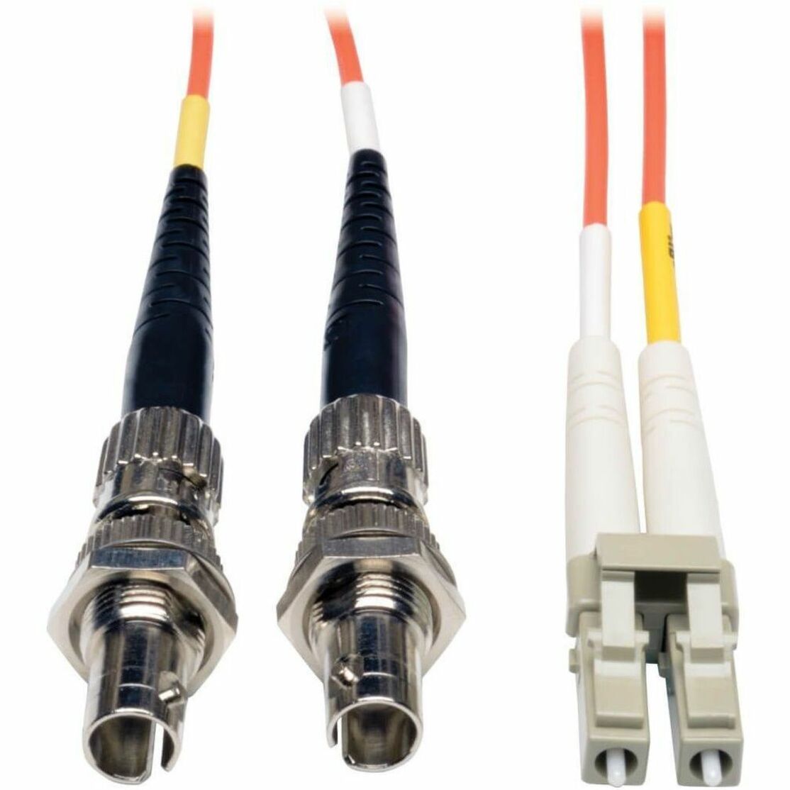 Detailed close-up of LC and ST connector ends on Tripp Lite fiber adapter cable-alternate-image3