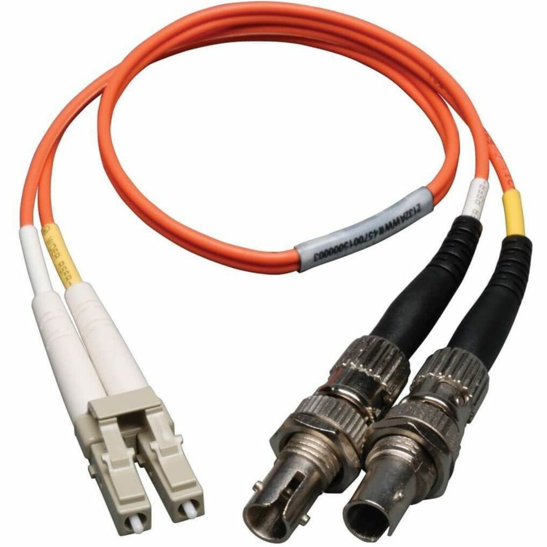 Full length view of orange Tripp Lite fiber optic adapter cable showing LC and ST connectors-alternate-image2