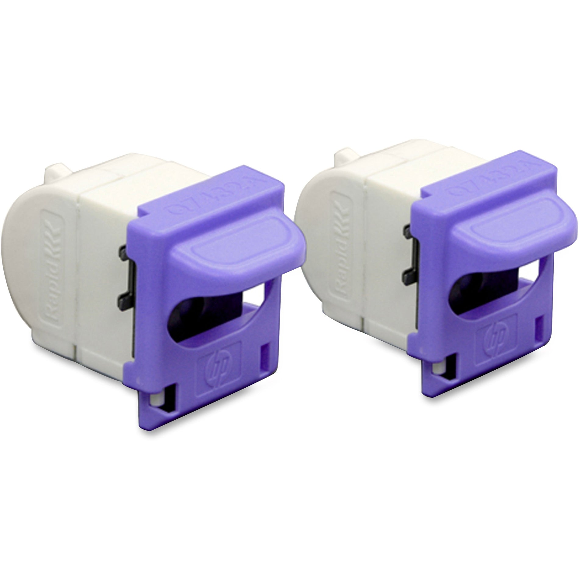 Two HP Q7432A staple cartridges featuring white housing with purple loading mechanisms-alternate-image1