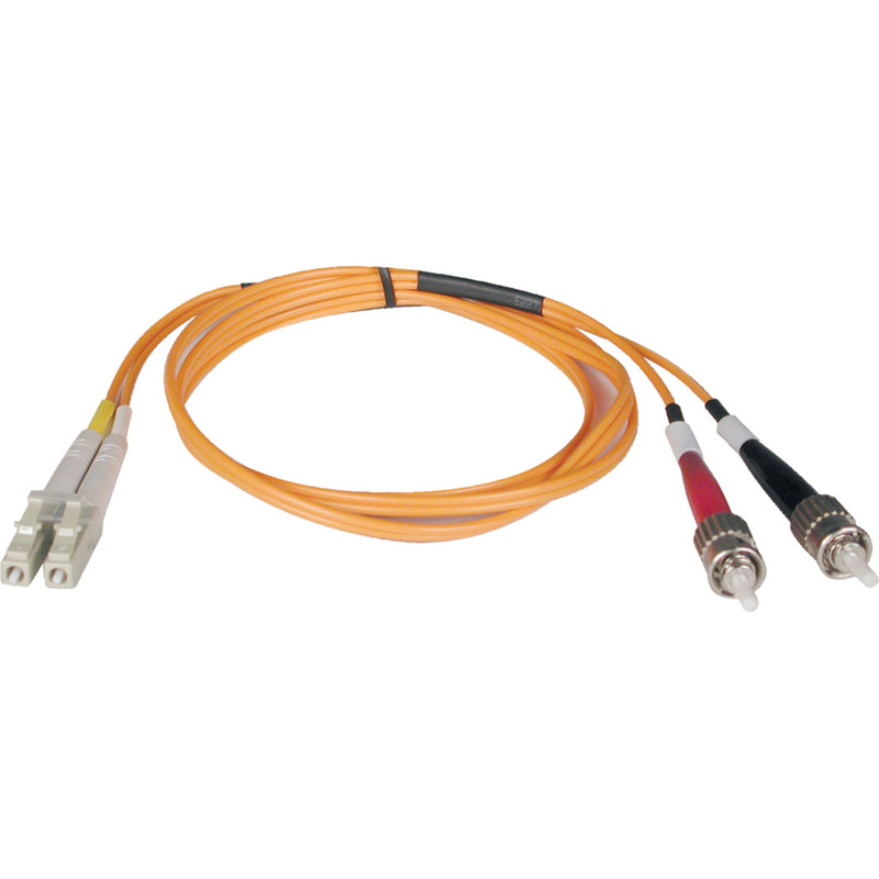 30-meter orange multimode fiber optic patch cable with LC connectors on one end and ST connectors on the other end