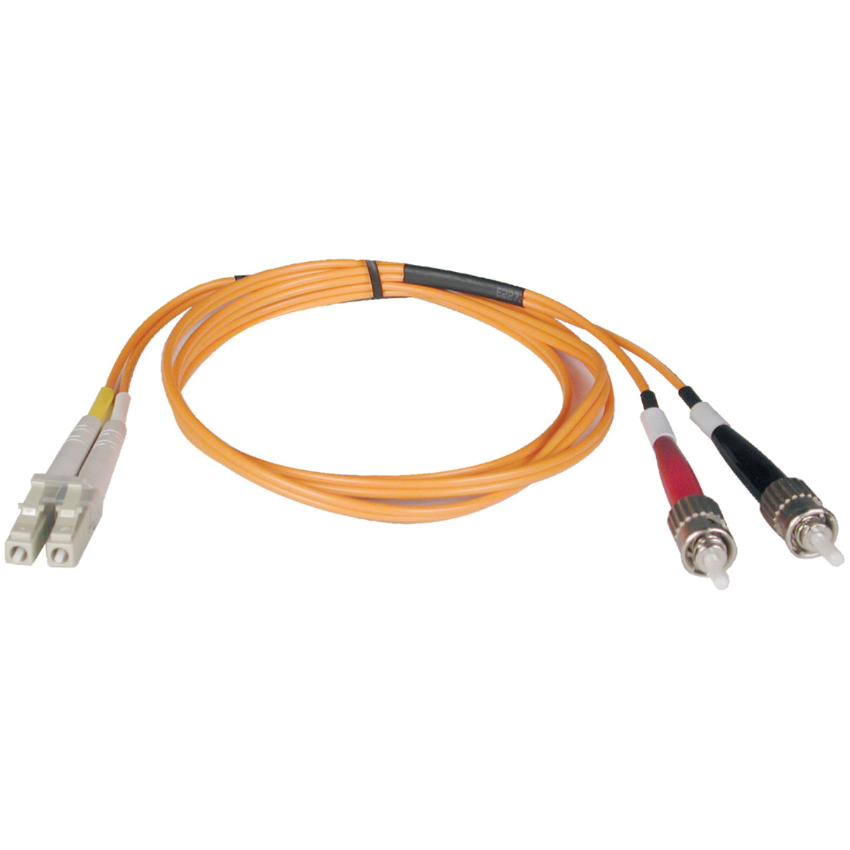 Orange multimode duplex fiber optic patch cable with LC connectors on one end and ST connectors on the other end, featuring color-coded connector shrouds-alternate-image1