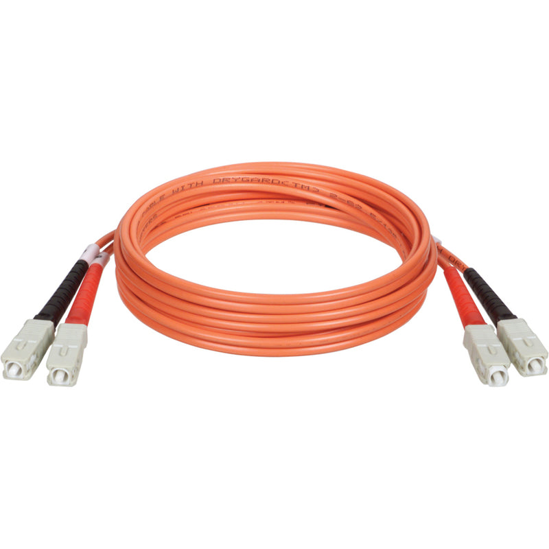 30-meter orange multimode duplex fiber optic cable with SC connectors on both ends featuring black and red strain relief boots