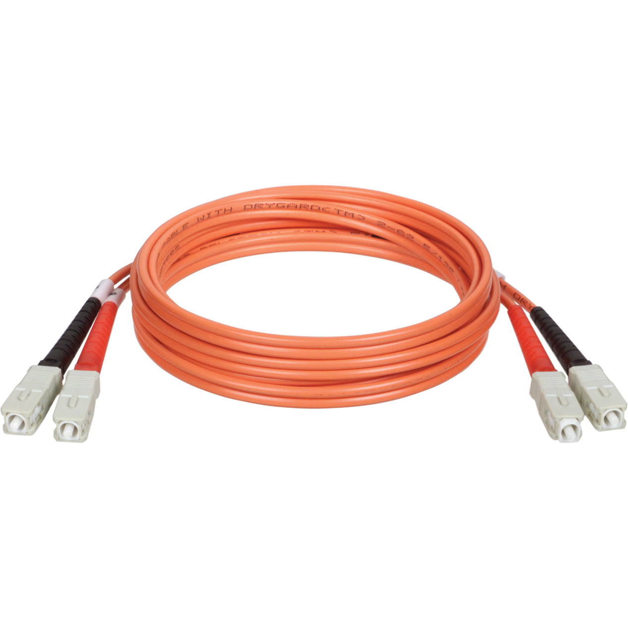 Close-up view of SC connector ends on orange multimode fiber patch cable showing dual connector design-alternate-image2