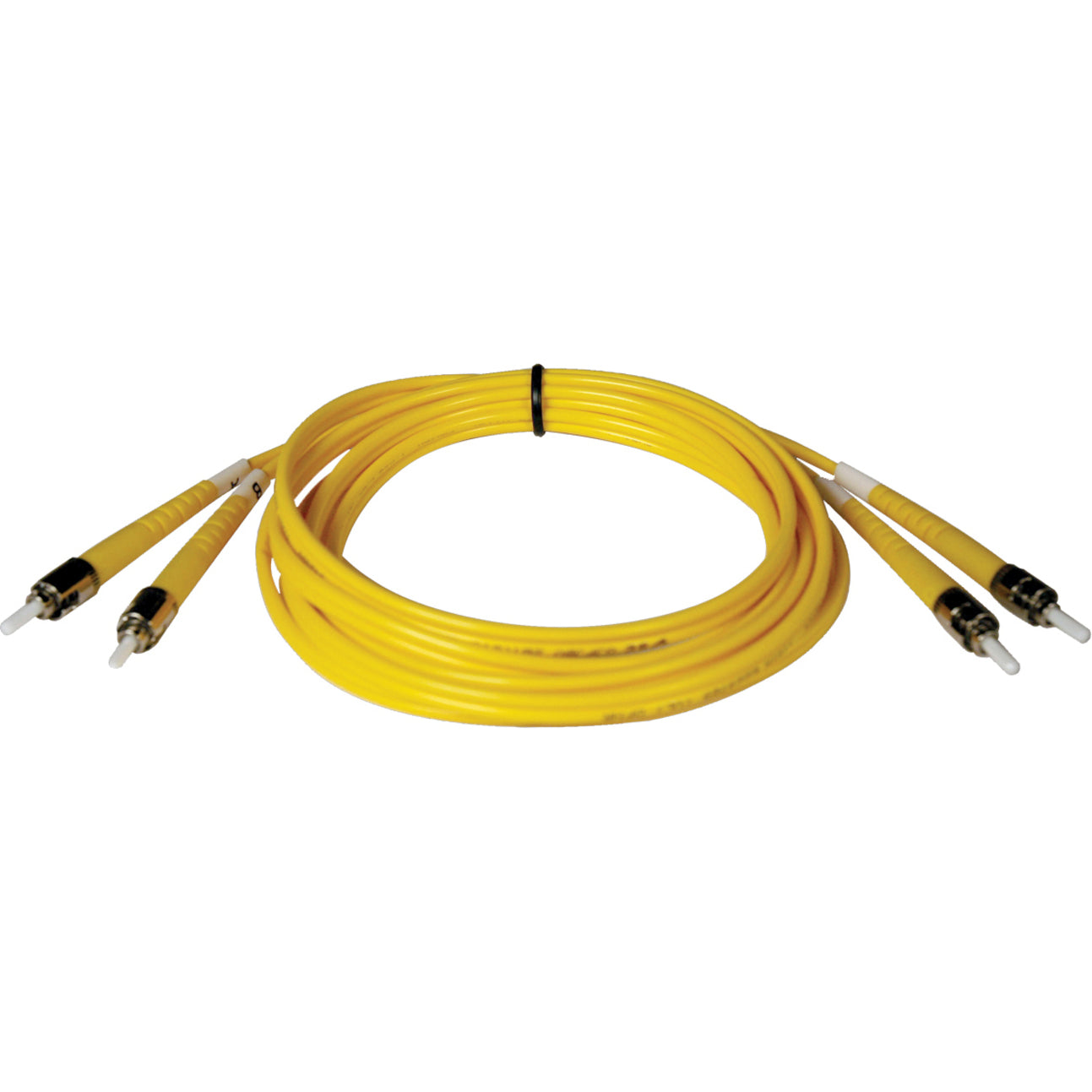 Yellow 1-meter duplex fiber optic patch cable with ST connectors on both ends, featuring black retention clips and color-coded connector shrouds-alternate-image1