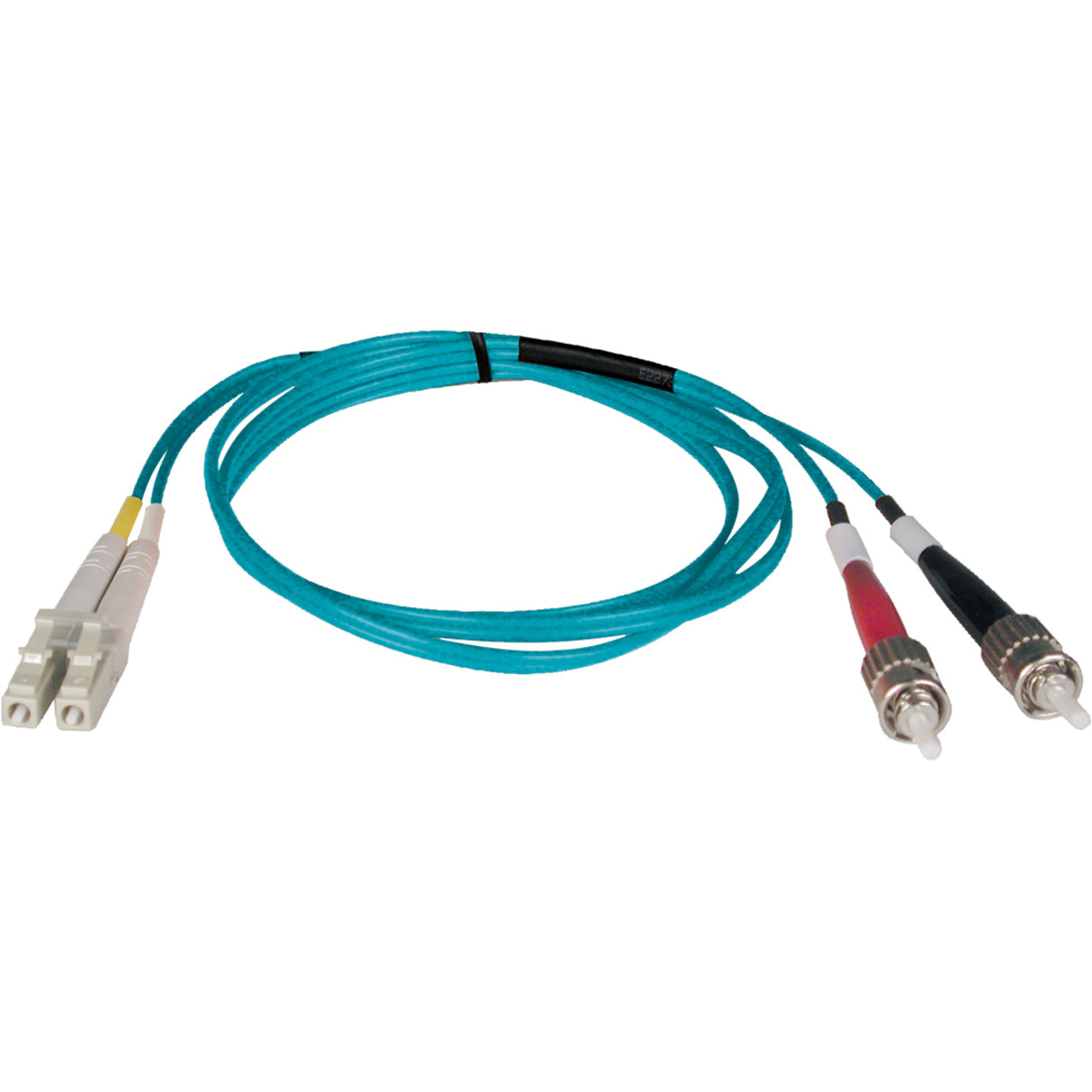 3-meter aqua blue duplex fiber optic patch cable with LC connectors on one end and ST connectors on the other-alternate-image1