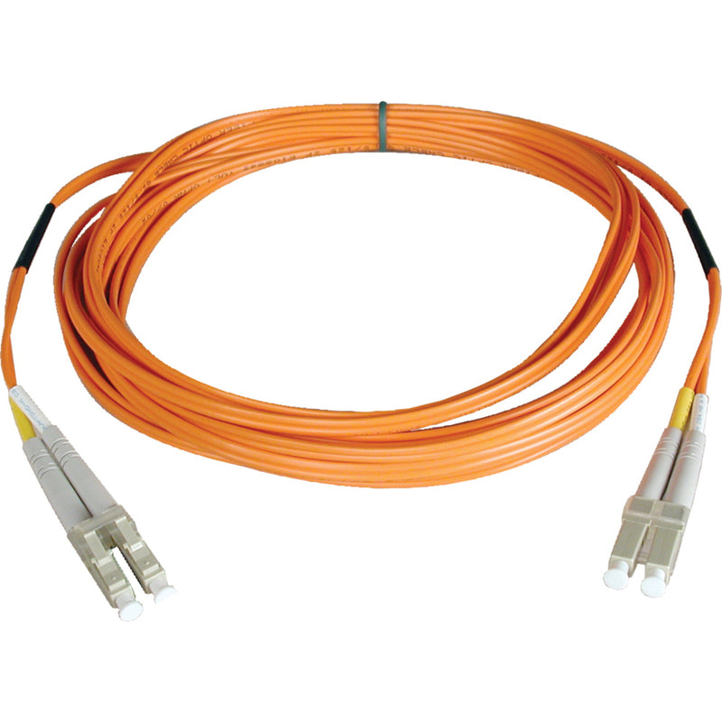 Tripp Lite 21-meter orange multimode fiber optic patch cable with LC connectors on both ends, coiled view