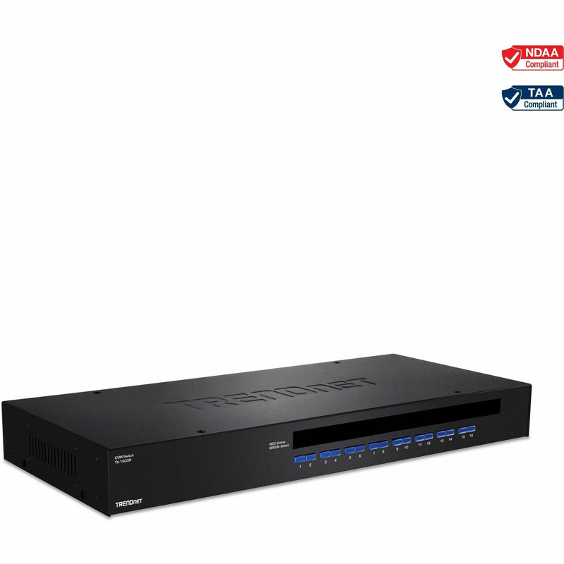 Front view of TRENDnet 16-Port Rack Mount KVM Switch showing blue LED port indicators and sleek black chassis