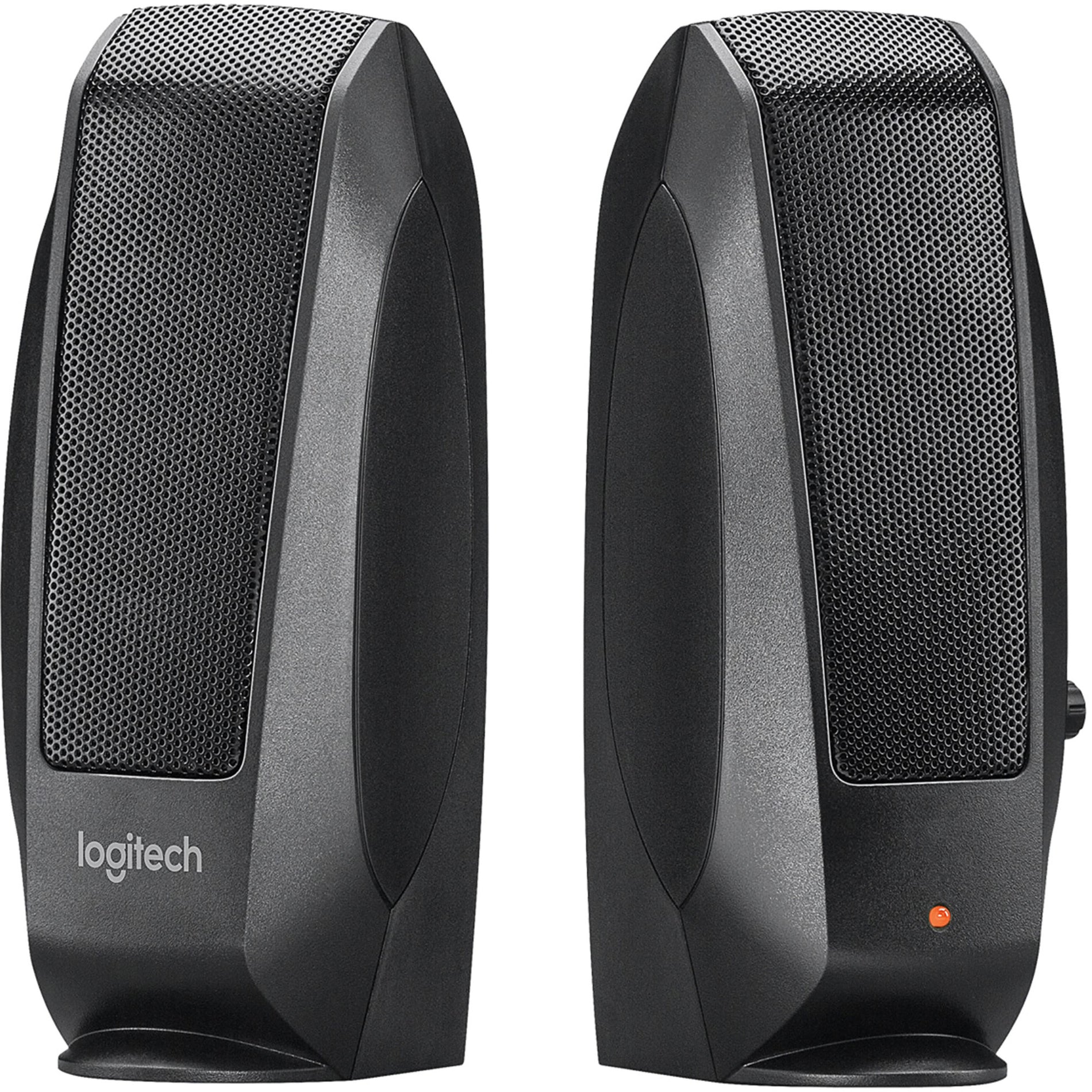 Front view of Logitech S-120 2.0 black stereo speakers with metal mesh grilles and power indicator-alternate-image1