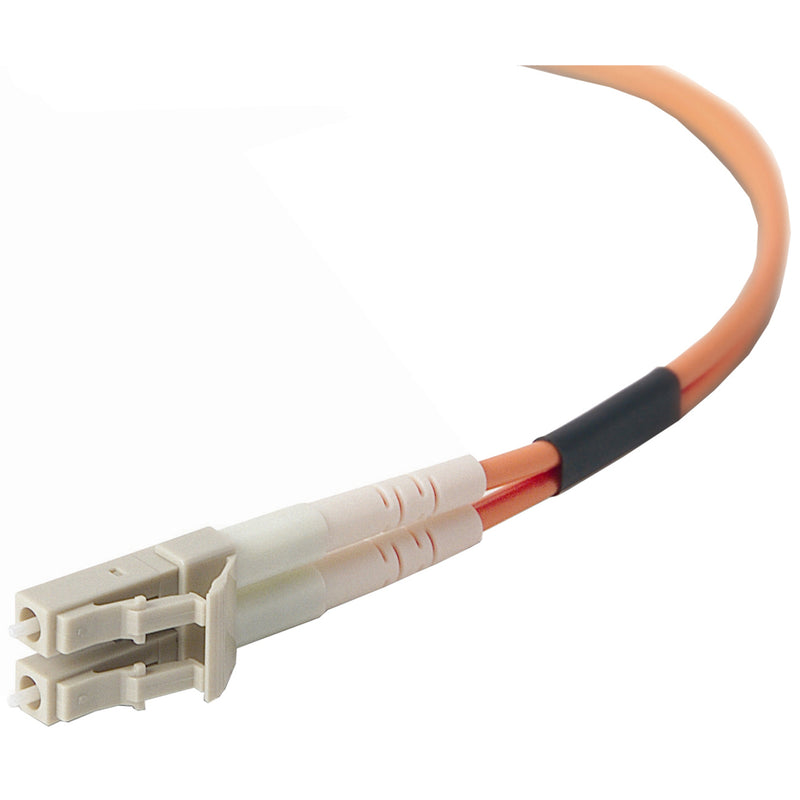 Belkin duplex fiber optic patch cable with LC connectors and orange jacket, showing detailed connector end