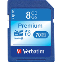 Close-up view of Verbatim 8GB Premium SDHC memory card showing Class 10 and UHS-I specifications-alternate-image1