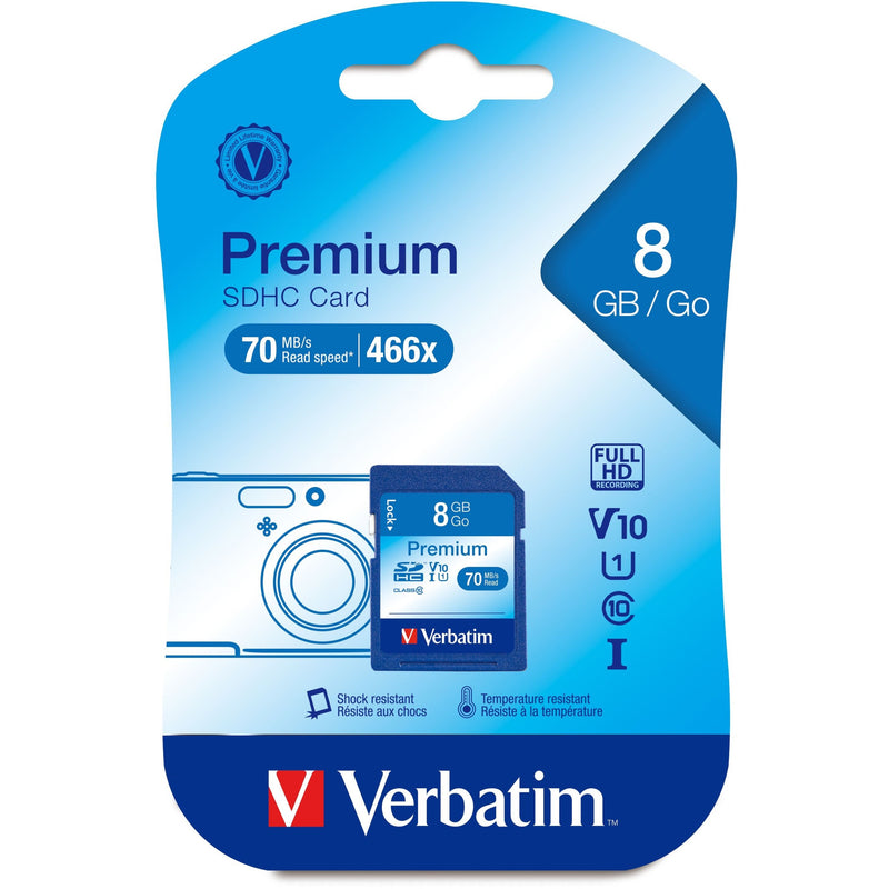 Verbatim Premium SDHC card retail packaging showing features and specifications with camera icon