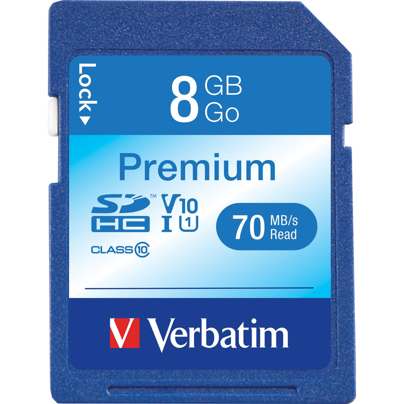 Close-up view of Verbatim 8GB Premium SDHC memory card showing Class 10 and UHS-I specifications