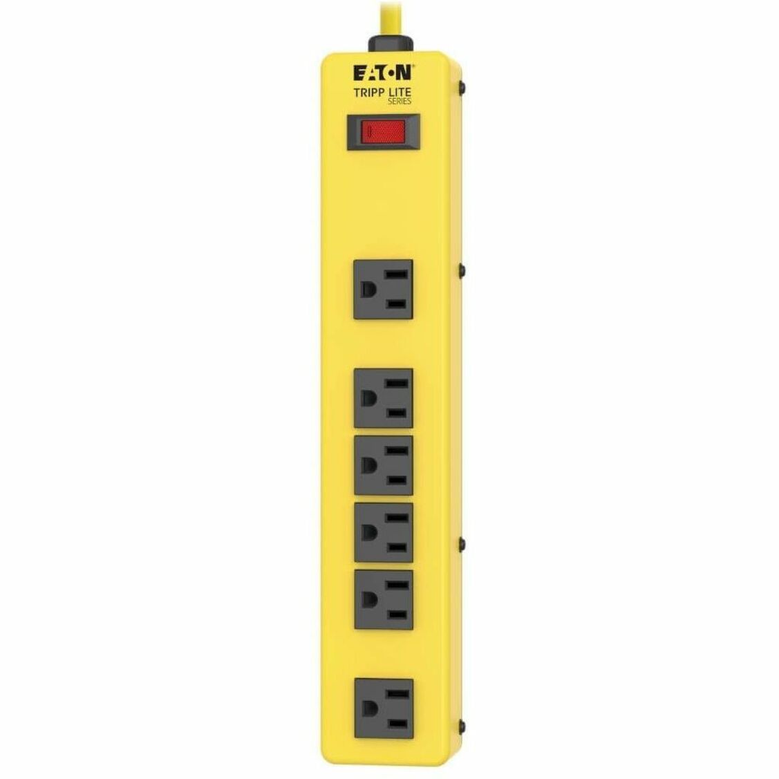 Front view of yellow Tripp Lite power strip showing 6 evenly spaced outlets and power switch-alternate-image2