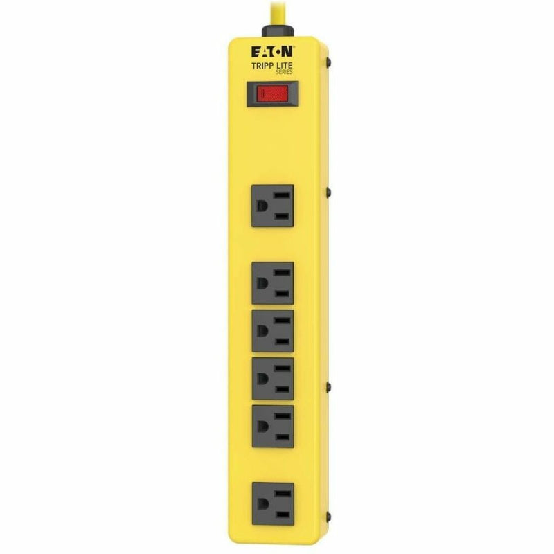 Front view of yellow Tripp Lite power strip showing 6 evenly spaced outlets and power switch