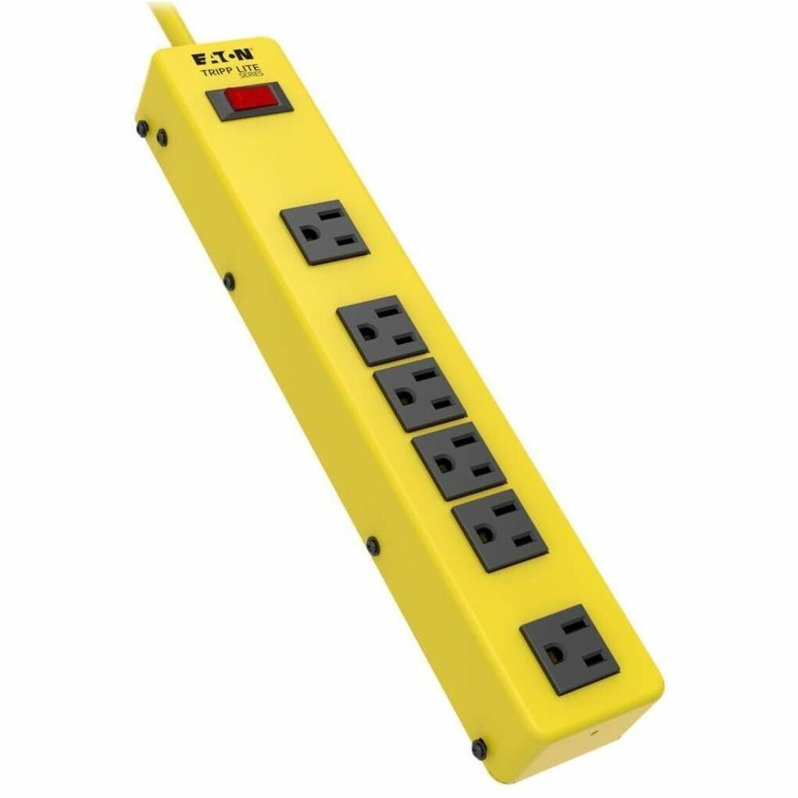 Yellow Tripp Lite 6-outlet metal power strip with black outlets and red power switch-alternate-image1