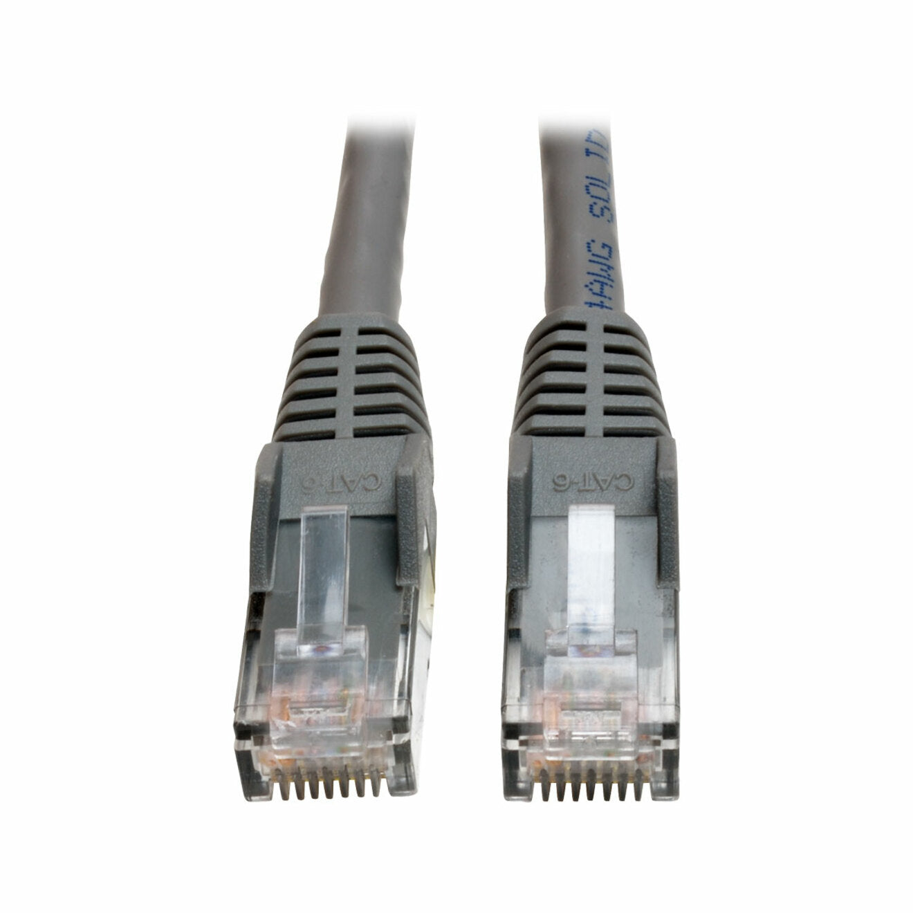 Close-up view of two RJ-45 connectors on Tripp Lite Cat6 plenum-rated patch cable showing snagless boots and transparent housing-alternate-image1