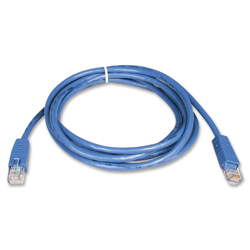 Full-length view of 100ft blue Cat5e network cable with RJ45 connectors