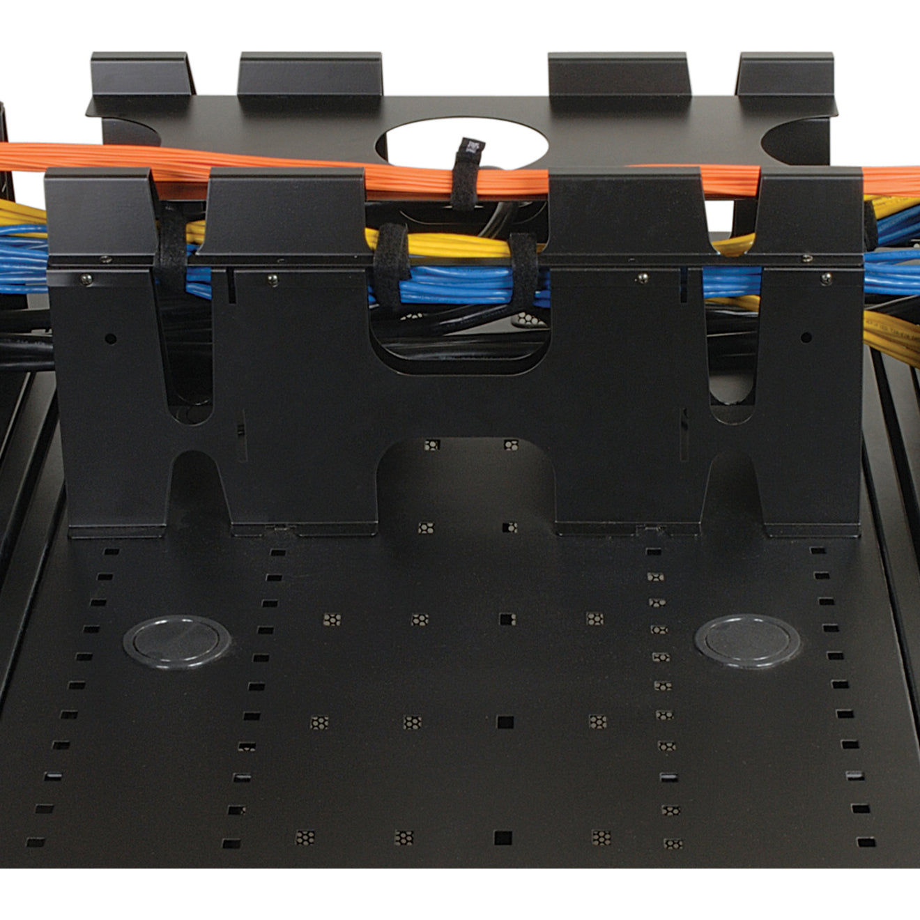 Close-up view of SmartRack cable management system showing organized orange, blue, and yellow cables in separate channels with black mounting brackets-alternate-image1