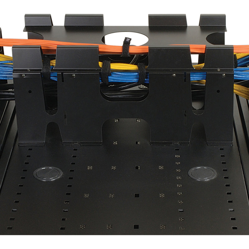 Close-up view of SmartRack cable management system showing organized orange, blue, and yellow cables in separate channels with black mounting brackets