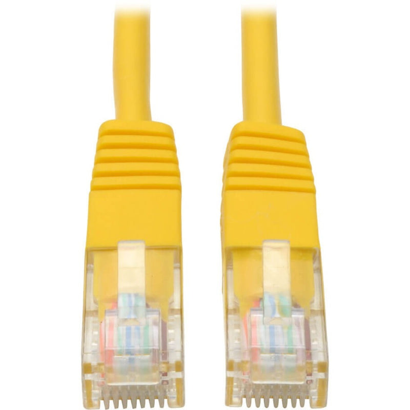 Close-up view of two yellow RJ-45 connectors on Tripp Lite Cat5e UTP patch cable showing internal wiring and strain relief