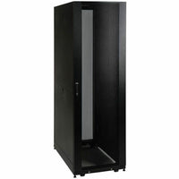 Front view of Tripp Lite SR48UB 48U server cabinet featuring mesh door panel and robust black frame-alternate-image1