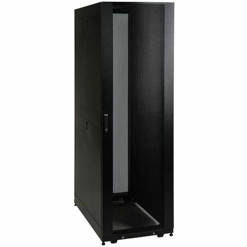 Front view of Tripp Lite SR48UB 48U server cabinet featuring mesh door panel and robust black frame