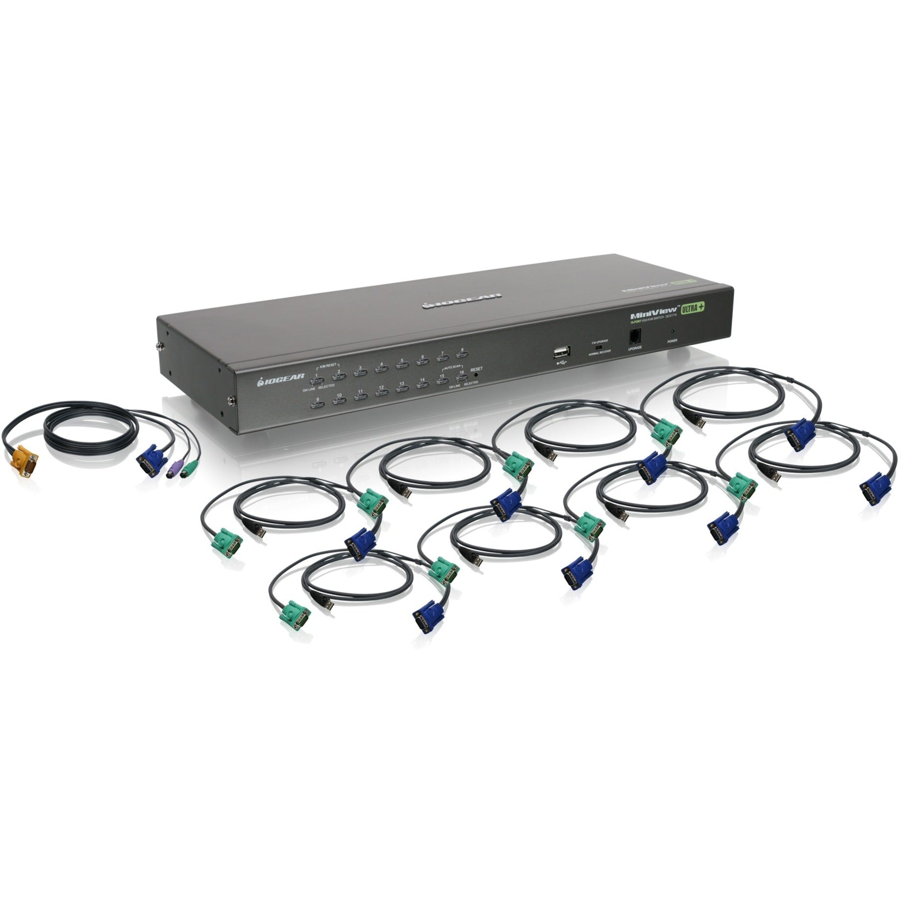 IOGEAR 16-Port USB PS/2 Combo KVM Switch, Rack-mountable, Controls 256 Computers via Cascade, 2048x1536 QXGA Resolution, 1U Height, Includes Cables - GCS16KIT (3 Year Warranty)