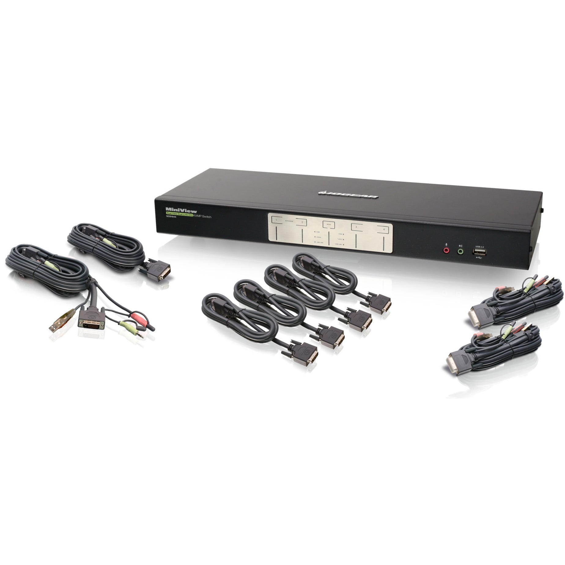 IOGEAR GCS1644 KVM switch showing dual DVI ports and USB connectivity options with included cables-alternate-image2