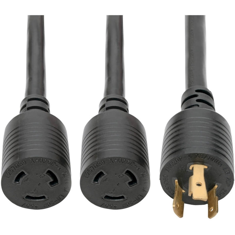 Close-up view of Tripp Lite Y-splitter power cord showing two L6-20R receptacles and one L6-20P plug with locking mechanisms