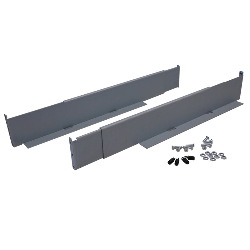 Detailed view of Tripp Lite rack mount rail kit showing temporary placement pegs and included mounting hardware