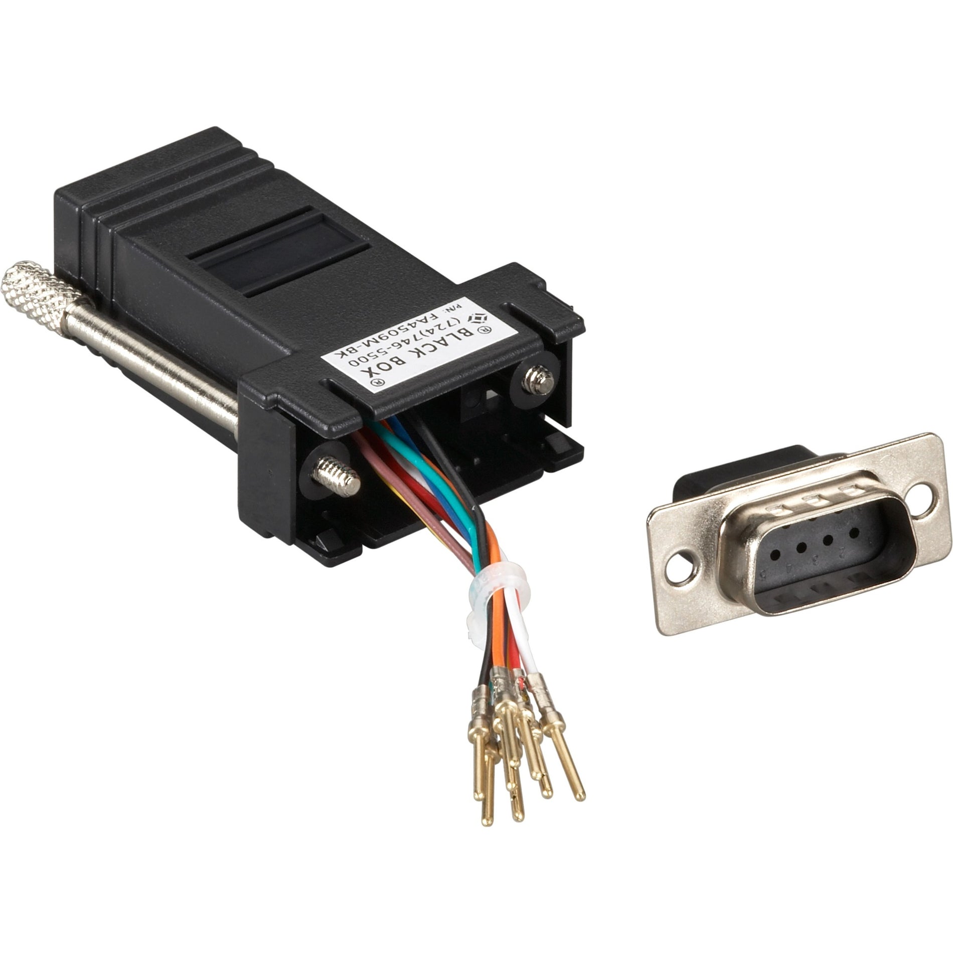 Internal wiring view of Black Box DB9 to RJ45 modular adapter showing color-coded conductors and connection terminals-alternate-image1