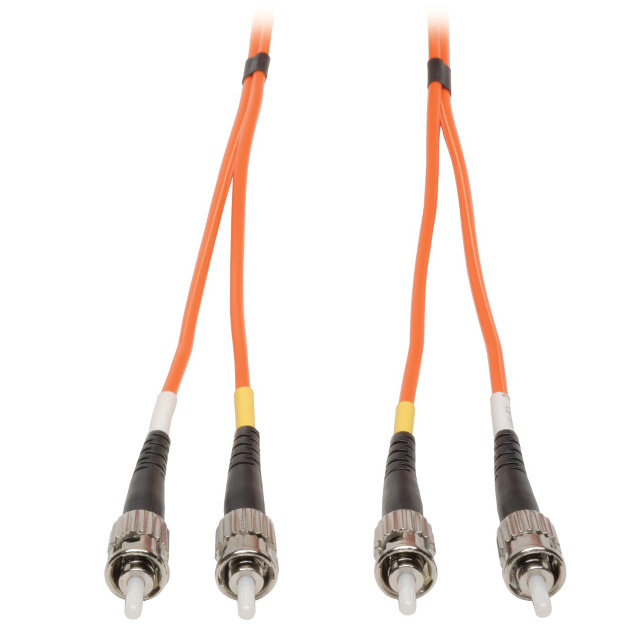 Close-up view of Tripp Lite 50M duplex fiber optic cable showing orange jacket and ST connectors with strain relief boots-alternate-image1