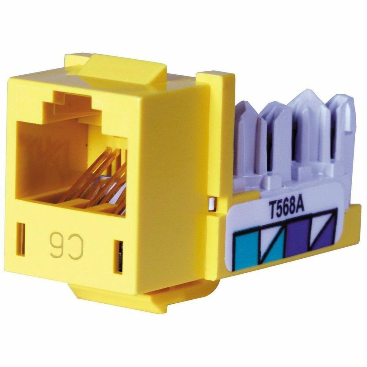 Yellow Category 6 RJ45 jack showing gold-plated contacts and T568A wiring indicator-alternate-image1