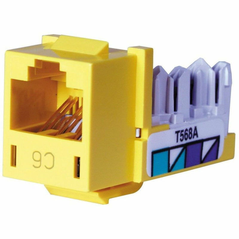 Yellow Category 6 RJ45 jack showing gold-plated contacts and T568A wiring indicator