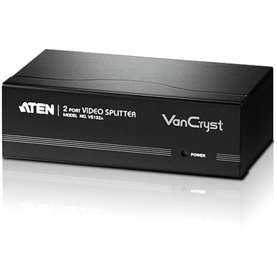 Front view of Aten VS132A 2-port video splitter showing power indicator and VanCryst branding