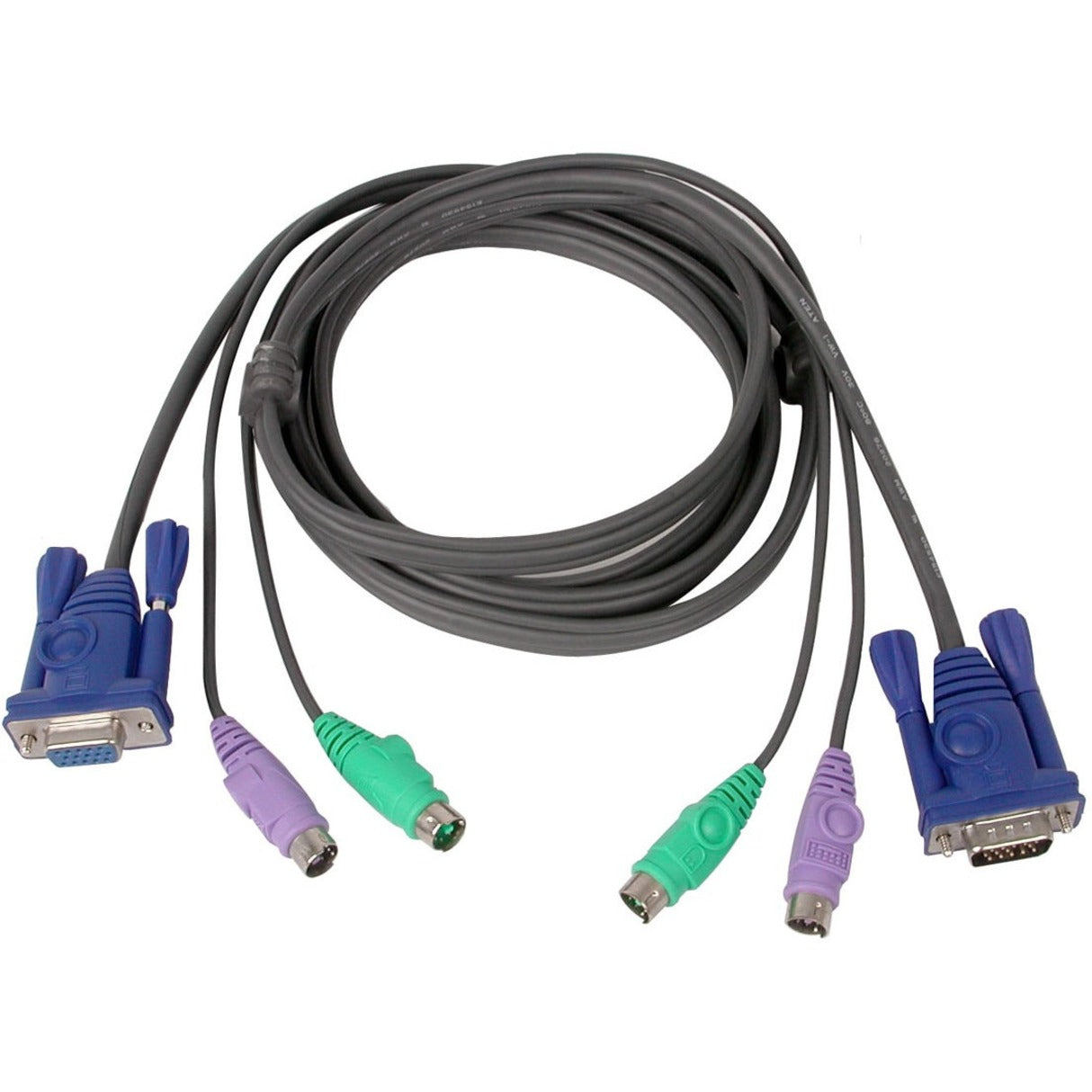 IOGEAR 10ft KVM cable with PS/2 connectors showing blue, purple, and green color-coded interfaces-alternate-image1