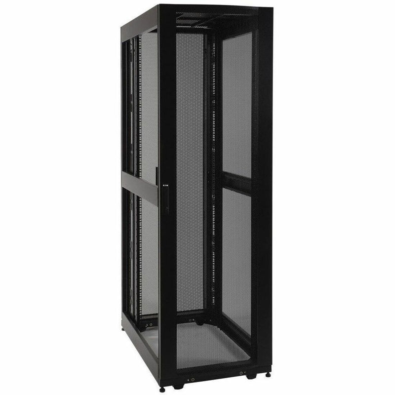 Side view of Tripp Lite SR48UBEXP 48U rack cabinet showing perforated mesh panels and sturdy frame construction