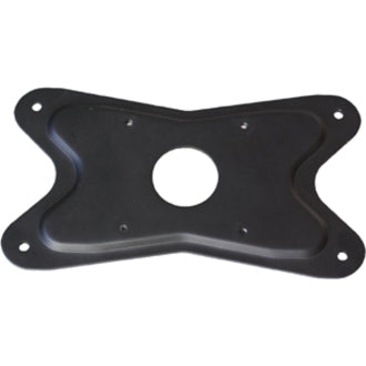 Black Atdec VESA adapter plate with butterfly-shaped design showing mounting holes and cable management opening