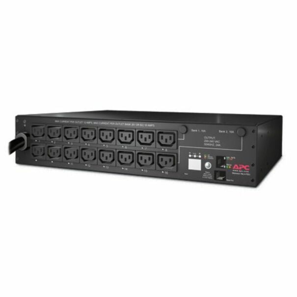 Angular view of APC AP7911A PDU showing outlet arrangement and control panel interface-alternate-image2