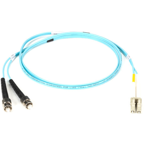 10-Gigabit aqua fiber optic patch cable with ST connectors on one end and LC connectors on the other, spanning 10 feet in length-alternate-image1