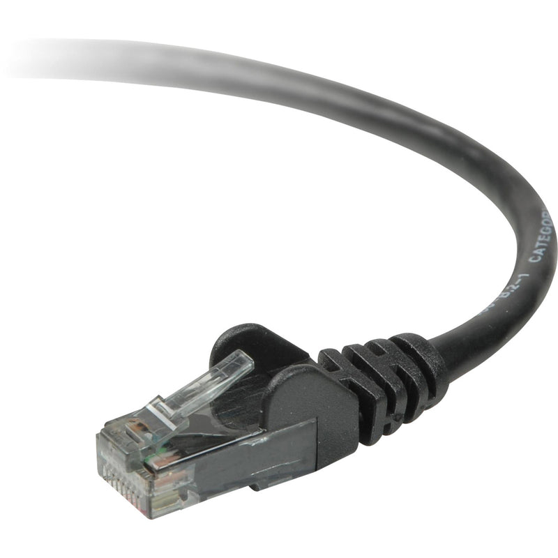 Close-up view of Belkin Cat.5e network cable's black RJ-45 connector with gold-plated pins and snagless boot